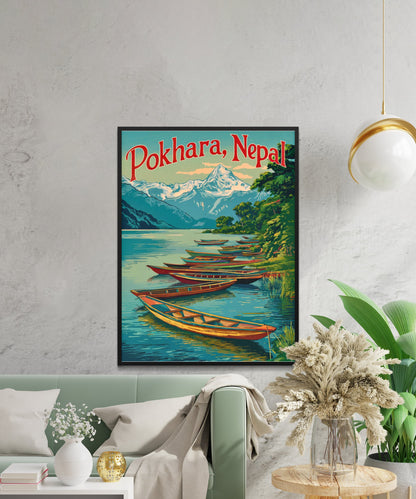 Pokhara Vintage Travel Poster - Himalayan Serenity