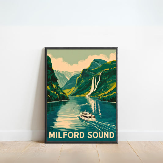 Milford Sound Vintage Travel Poster - New Zealand's Natural Wonder