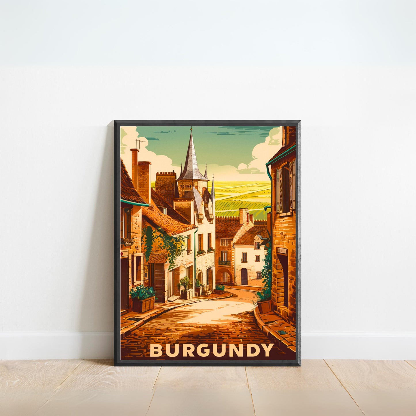 Burgundy Vintage Travel Poster - Peaceful Landscape