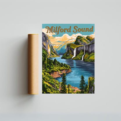 Milford Sound Vintage Travel Poster - Majestic Fjords