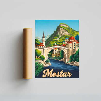 Mostar Vintage Travel Poster - Historic Bridges