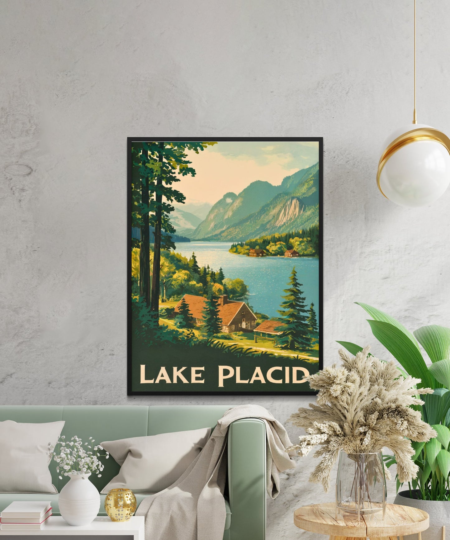 Lake Placid Vintage Travel Poster - Serene Waters and Mountain Views