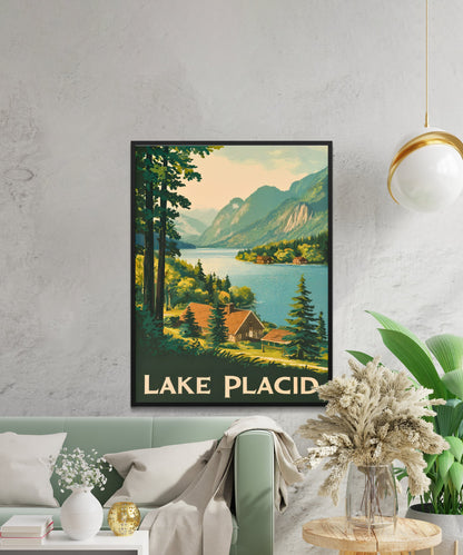 Lake Placid Vintage Travel Poster - Serene Waters and Mountain Views