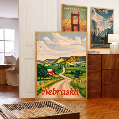 Nebraska Vintage Travel Poster - Rolling Hills and Prairie Landscapes