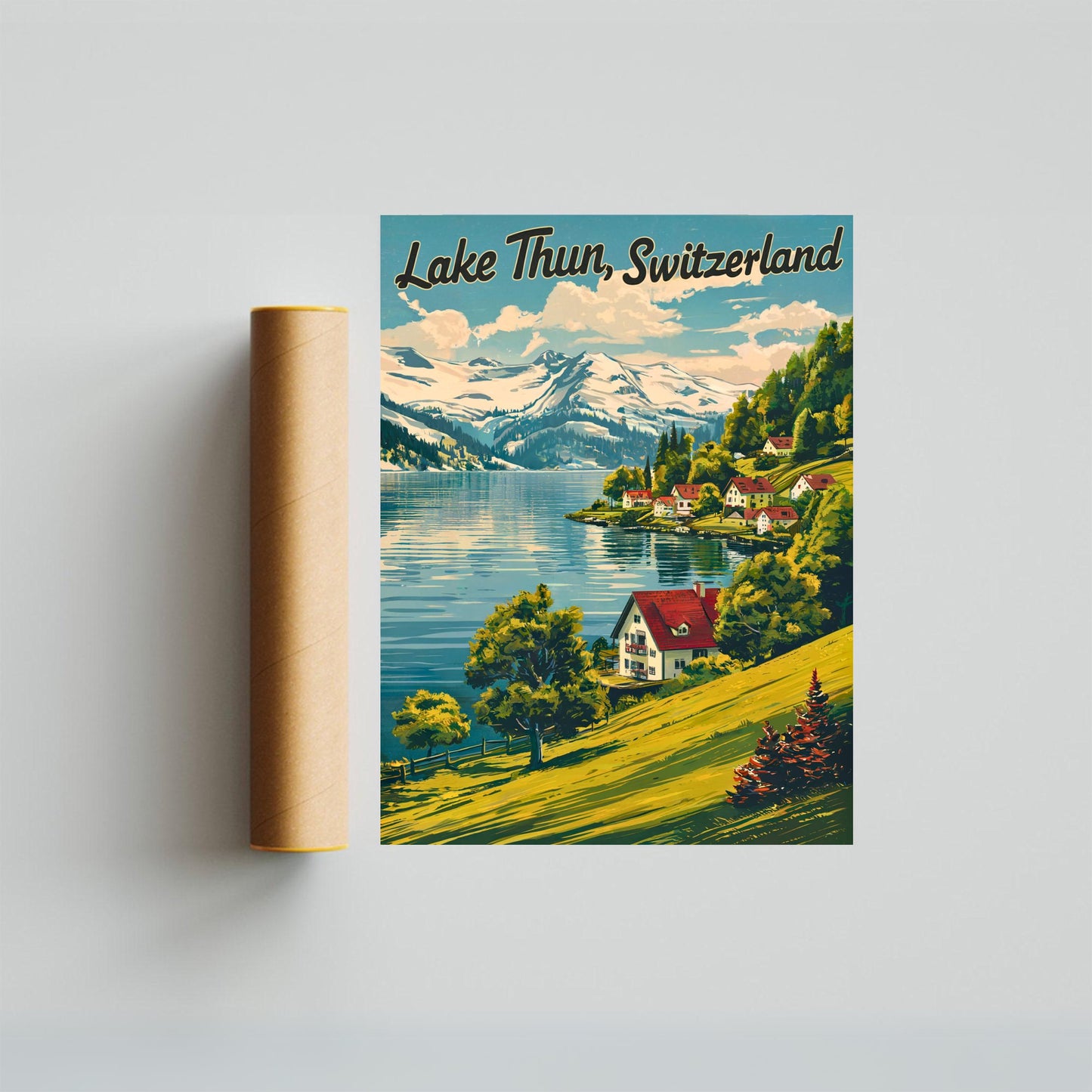 Lake Thun Vintage Travel Poster - Tranquil Waters and Mountain Vistas