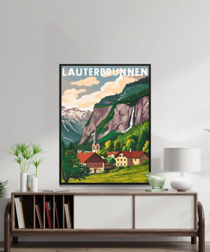 Lauterbrunnen Vintage Travel Poster - Waterfalls and Meadows