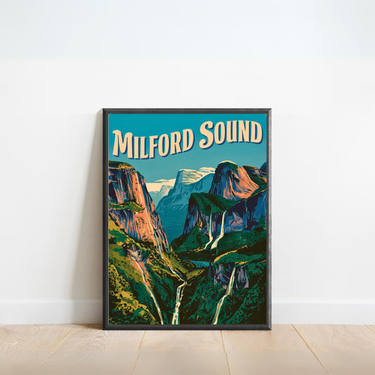 Milford Sound Vintage Travel Poster - Waterfall Wonders