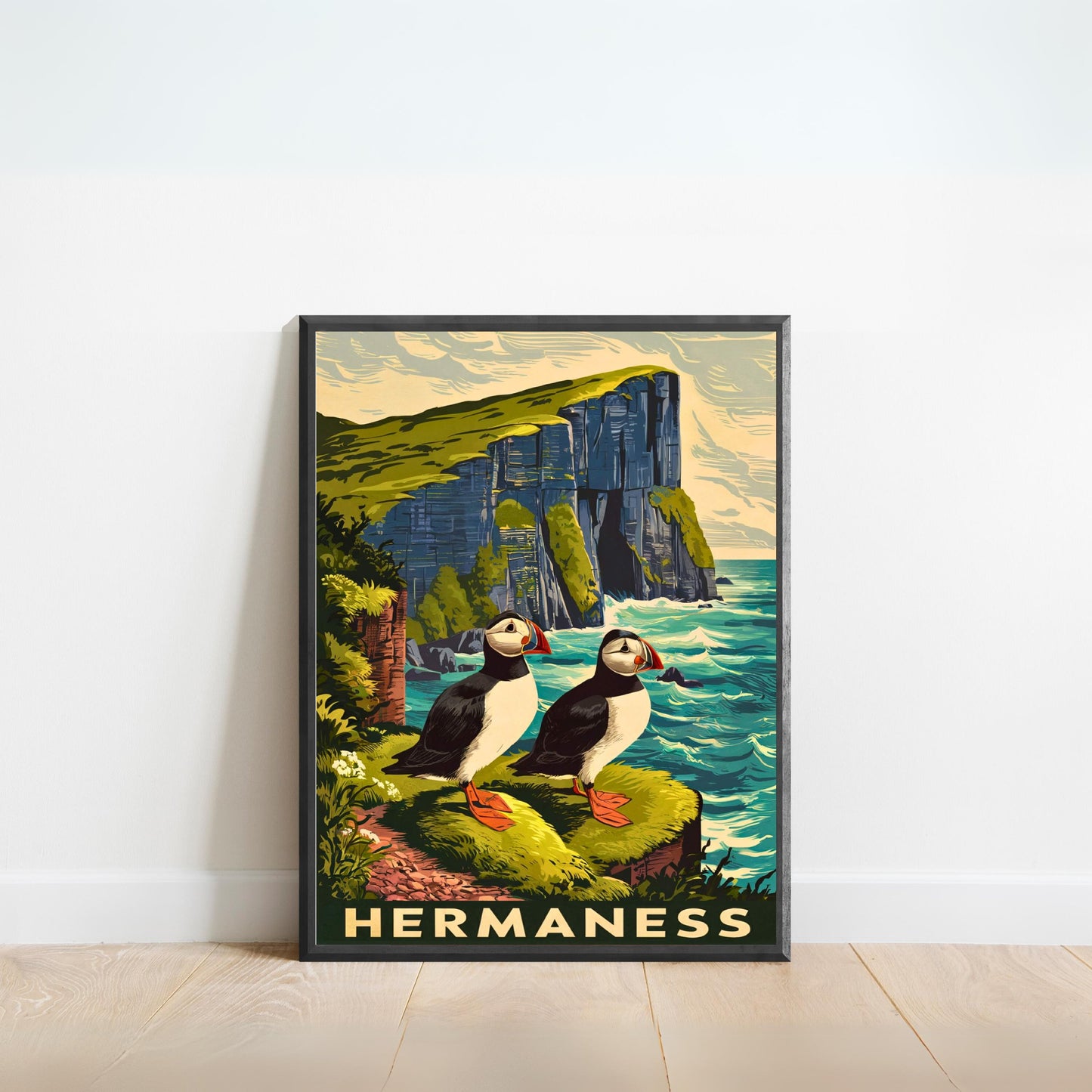 Hermaness Vintage Travel Poster - Iconic Seabirds Cliff