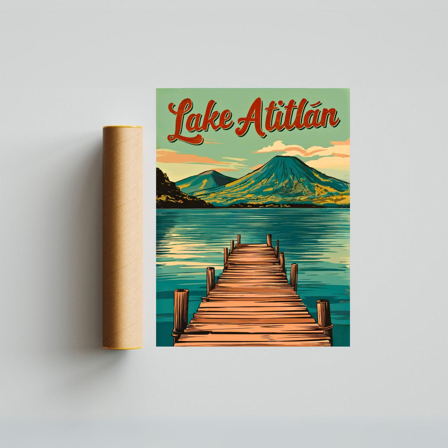 Lake Atitlán Vintage Travel Poster - Serenity Amidst Volcanoes