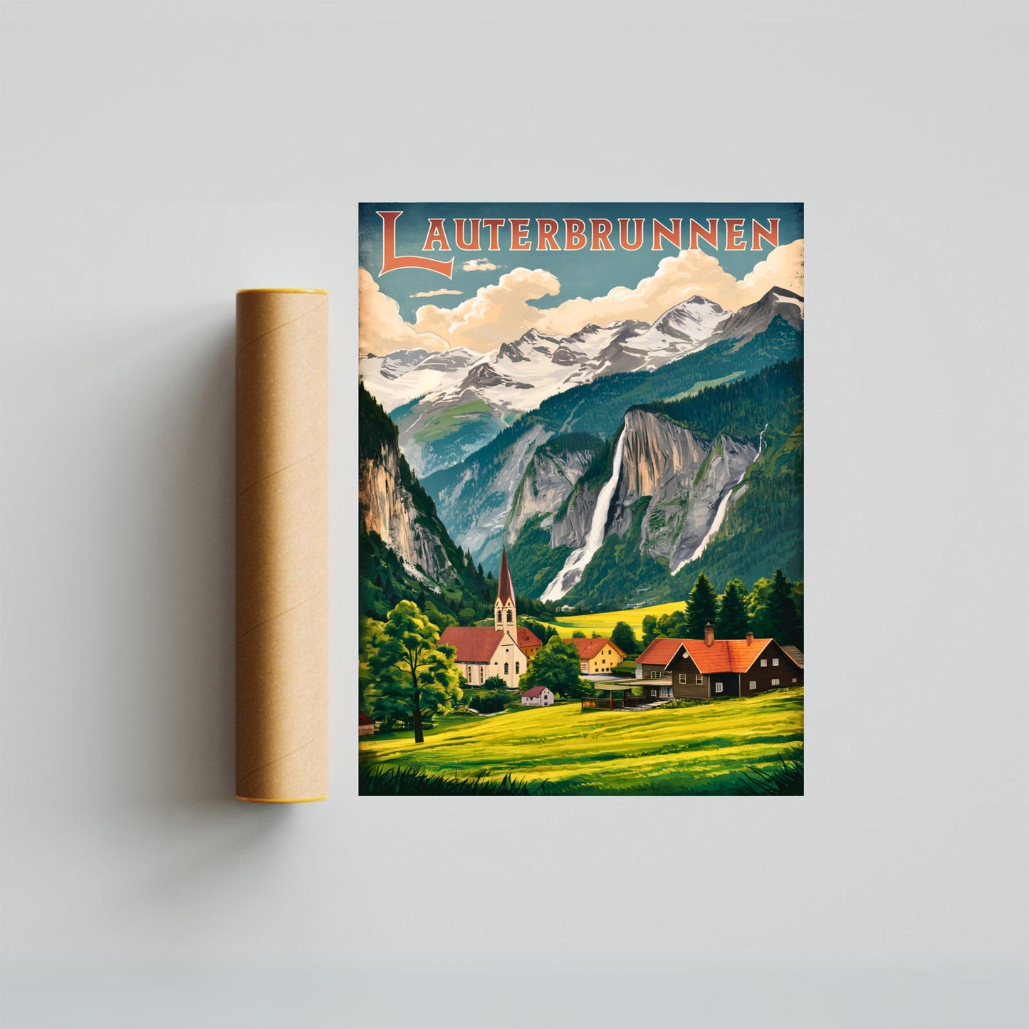 Lauterbrunnen Vintage Travel Poster - Valley of Waterfalls