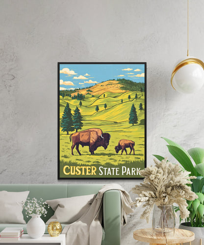 Custer State Park Vintage Travel Poster - Timeless Beauty of the Black Hills and Bison