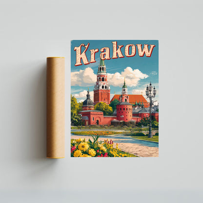 Krakow Vintage Travel Poster - Cobblestone Streets