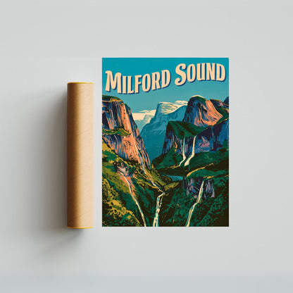 Milford Sound Vintage Travel Poster - Waterfall Wonders