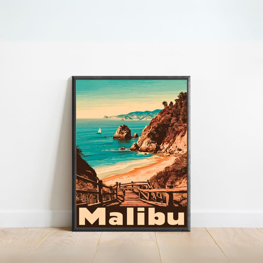 Malibu Vintage Travel Poster - Beachfront Serenity