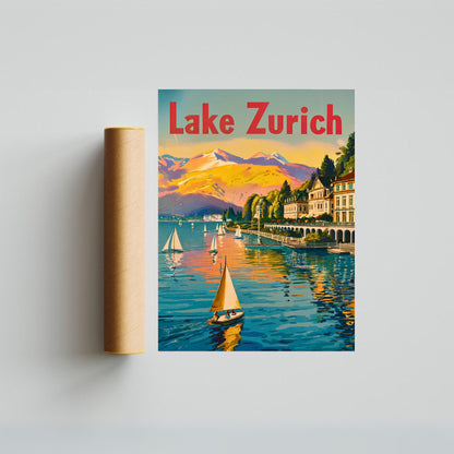 Lake Zurich Vintage Travel Poster -Timeless Swiss Elegance