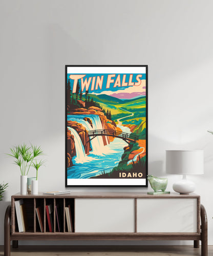 Twin Falls Vintage Travel Poster - Waterfall Beauty