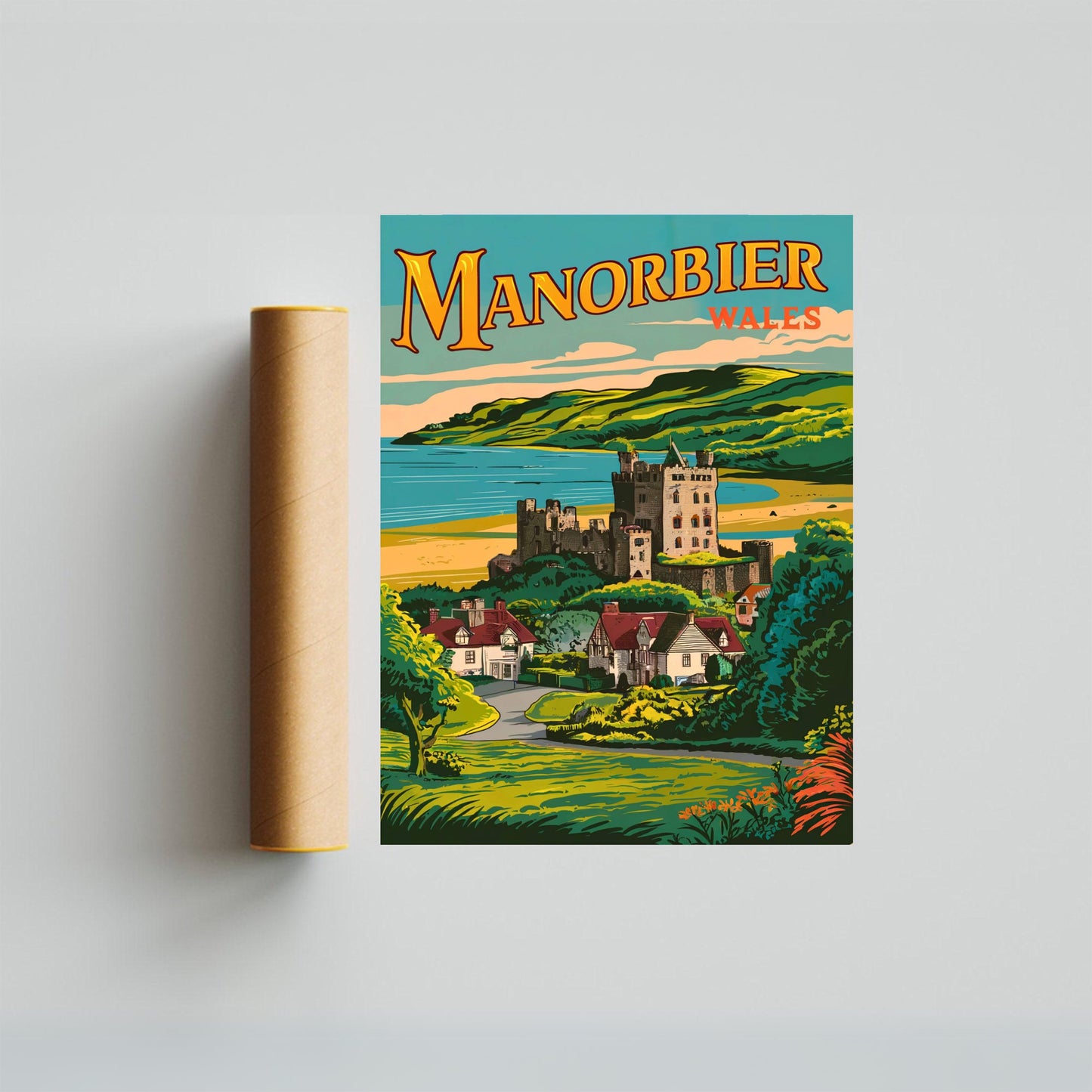 Manorbier Vintage Travel Poster- Coastal Splendor in Wales