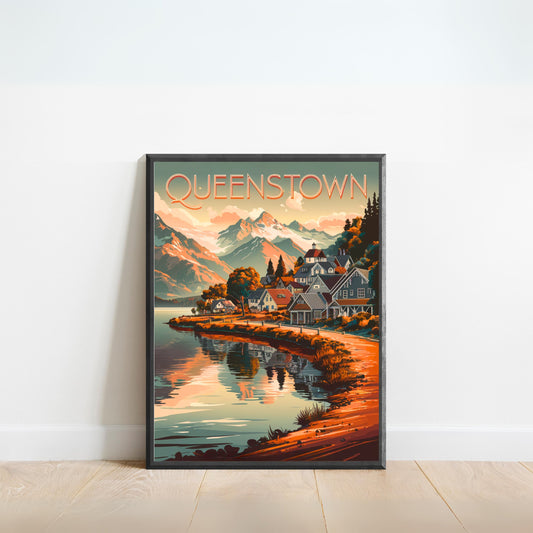 Queenstown Vintage Travel Poster - Lakefront Beauty