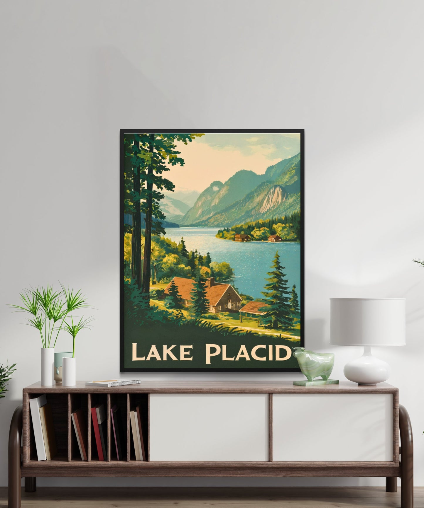 Lake Placid Vintage Travel Poster - Serene Waters and Mountain Views