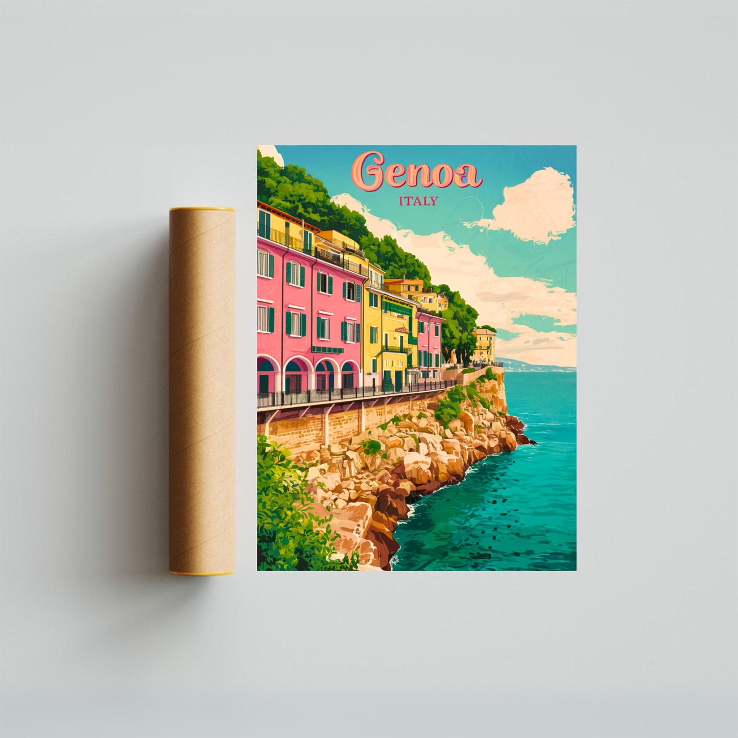 Genoa Vintage Travel Poster - Vibrant Waterfront