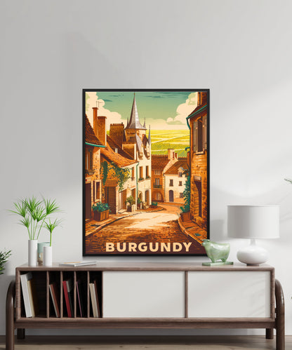 Burgundy Vintage Travel Poster - Peaceful Landscape