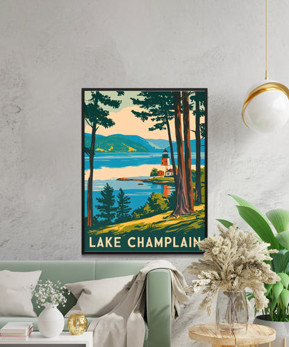 Lake Champlain  Vintage Travel Poster - Mountains and Shores