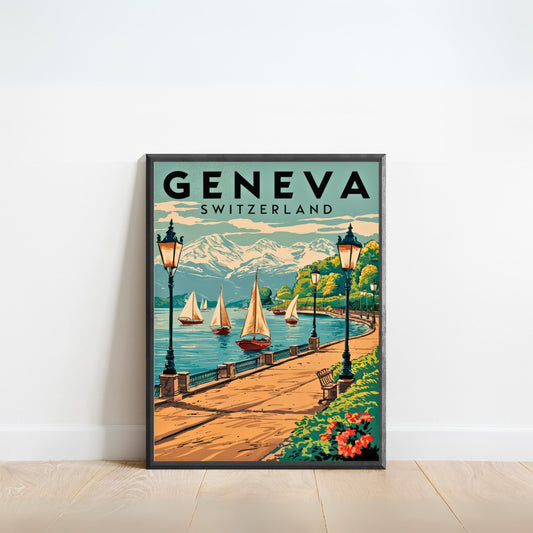 Geneva Vintage Travel Poster - Lake and Mountains