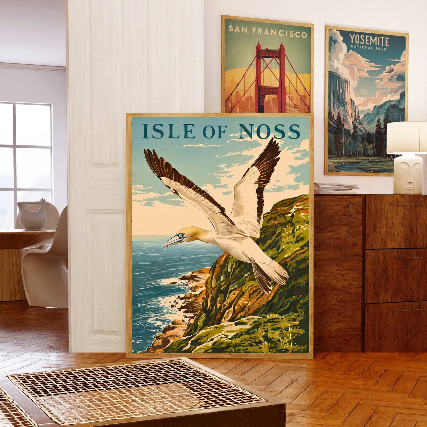 Isle of Noss Vintage Travel Poster -Gannet flying in front of iconic Noup