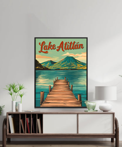 Lake Atitlán Vintage Travel Poster - Serenity Amidst Volcanoes