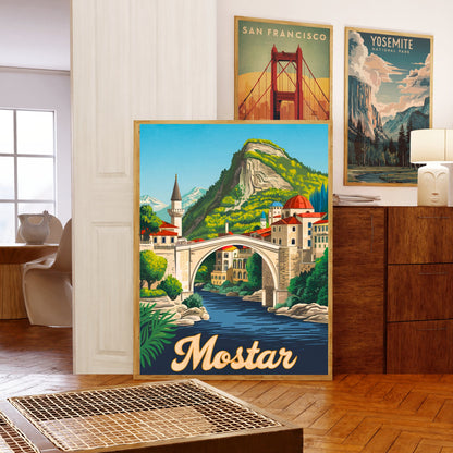 Mostar Vintage Travel Poster - Historic Bridges