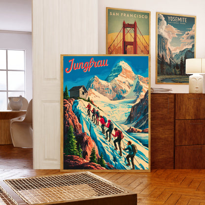 Jungfrau Vintage Travel Poster - Swiss Alps Adventure Climbing