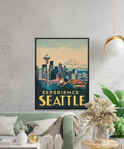 Seattle Vintage Travel Poster - Space Needle and Skyline