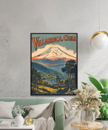 Villarrica Mountain Vintage Travel Poster - Majestic Andean Peak