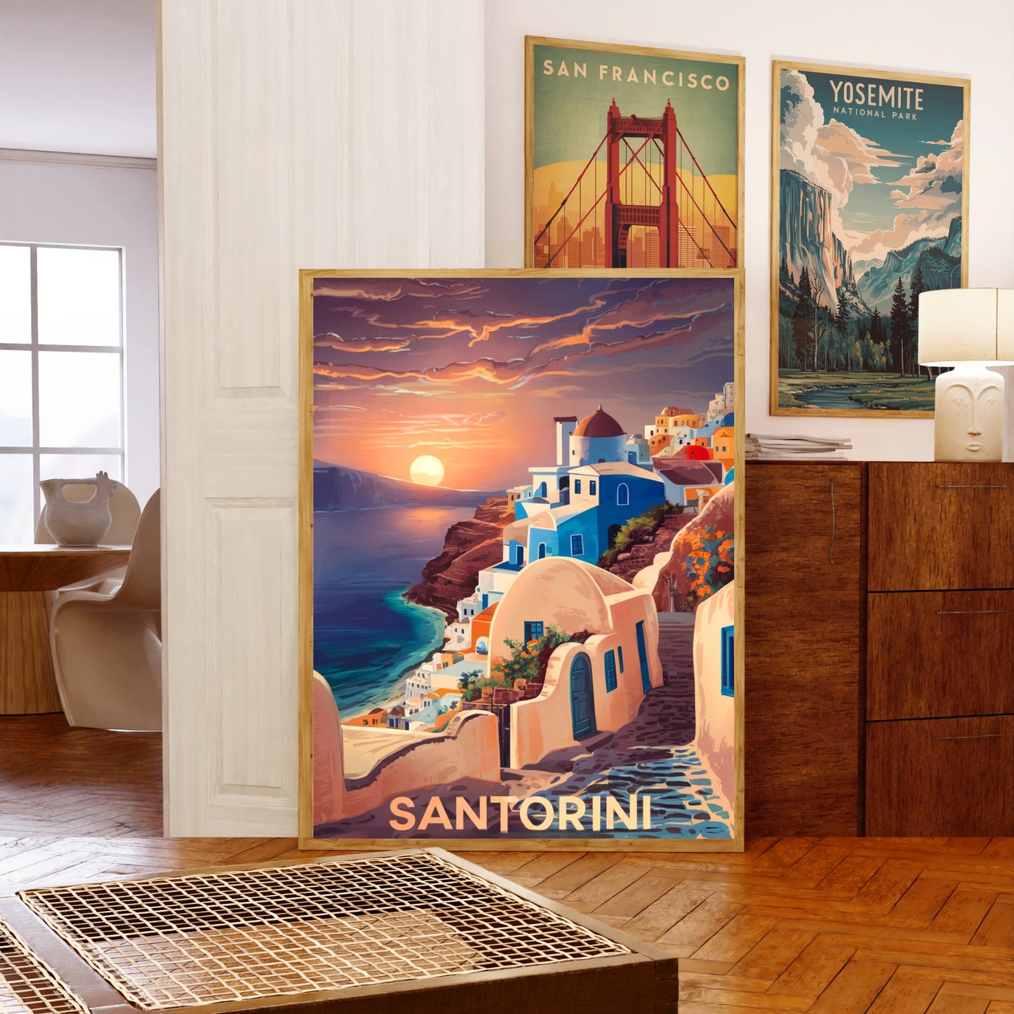 Santorini Vintage Travel Poster - Cliffside Beauty