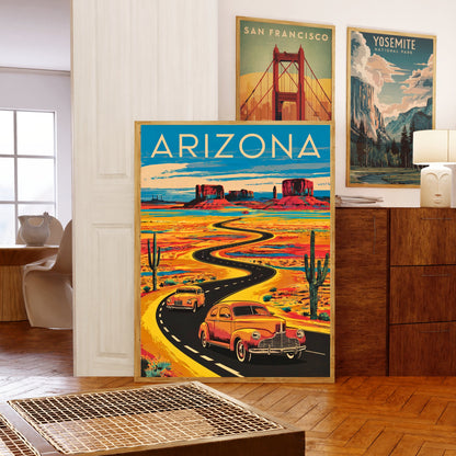 Arizona Vintage Travel Poster - Canyons and Cacti