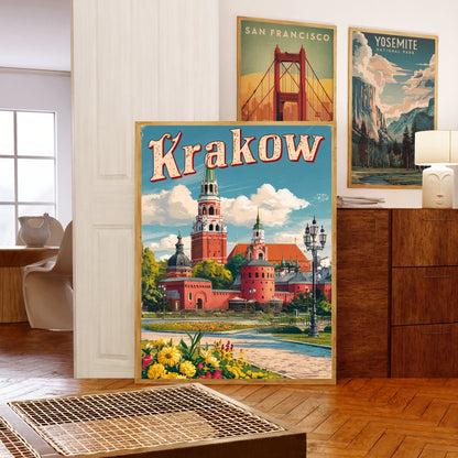 Krakow Vintage Travel Poster - Cobblestone Streets