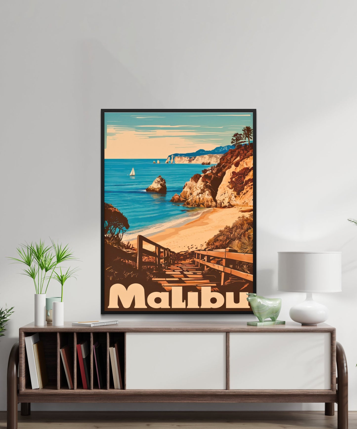 Malibu Vintage Travel Poster - Surf and Sunshine