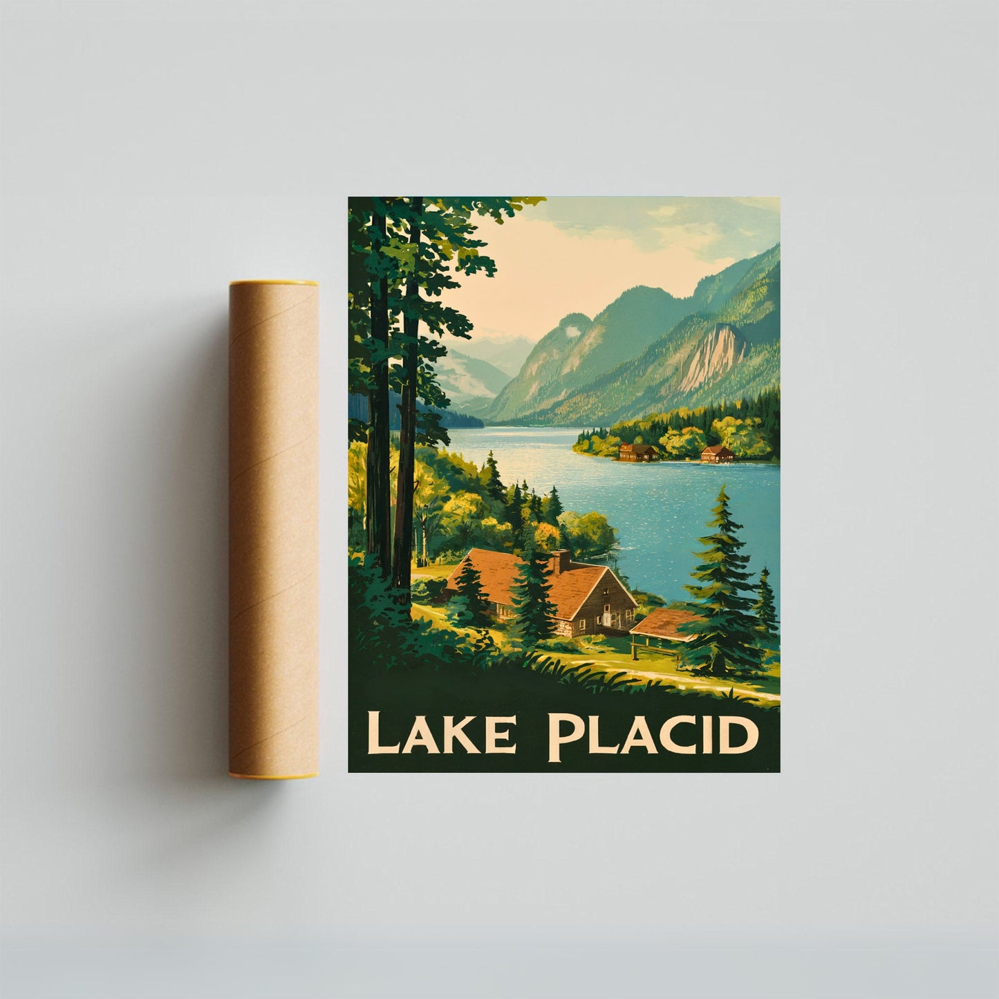 Lake Placid Vintage Travel Poster - Serene Waters and Mountain Views