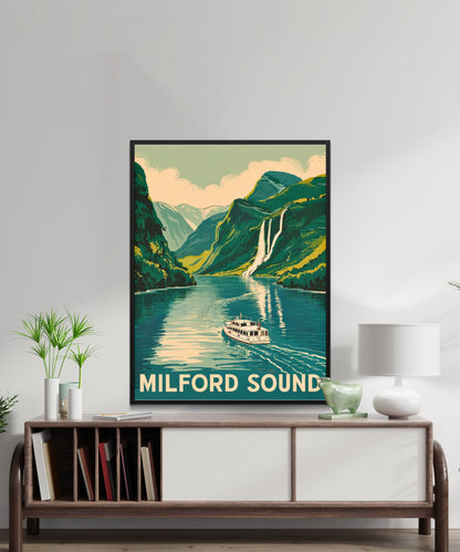 Milford Sound Vintage Travel Poster - New Zealand's Natural Wonder