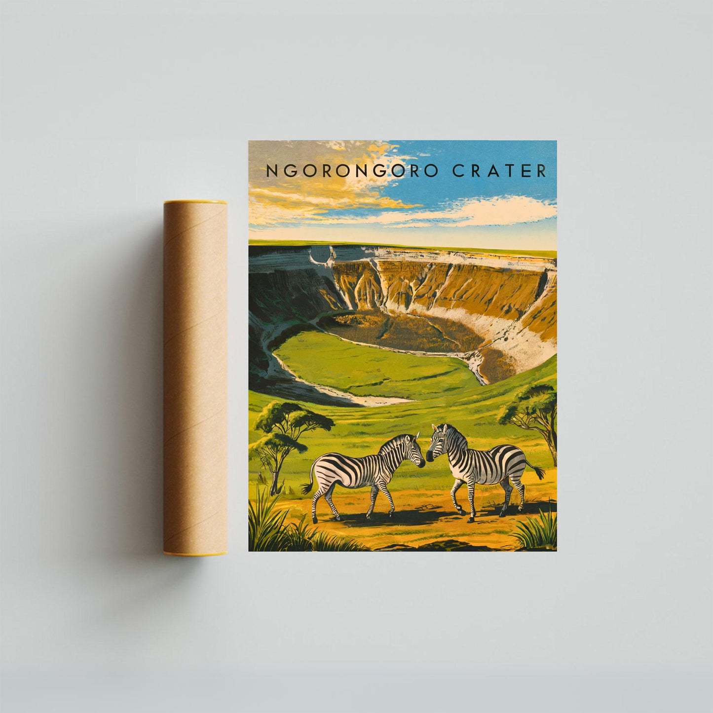 Ngorongoro Crater Vintage Travel Poster - Wildlife and Volcanic Majesty