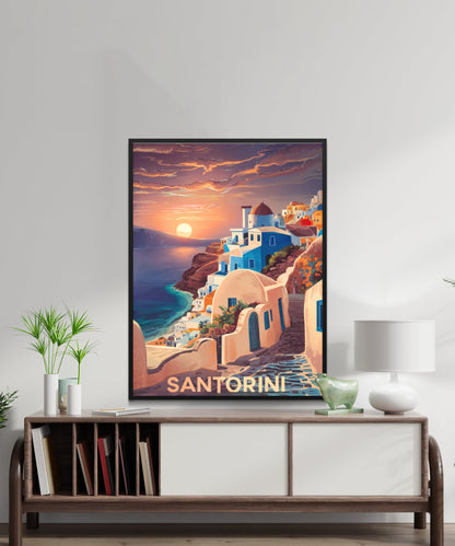 Santorini Vintage Travel Poster - Cliffside Beauty