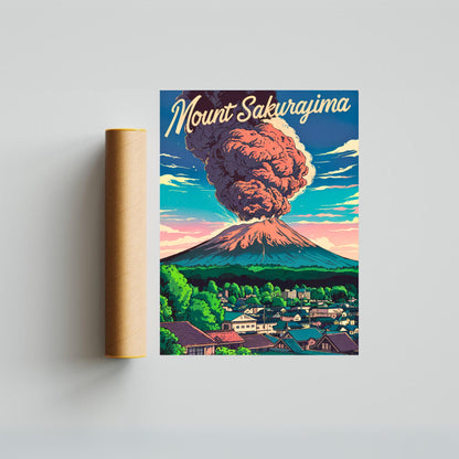 Mount Sakurajima Vintage Travel Poster - Volcanic Ash