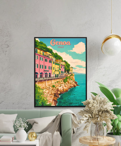 Genoa Vintage Travel Poster - Vibrant Waterfront