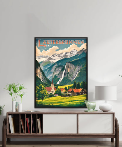 Lauterbrunnen Vintage Travel Poster - Valley of Waterfalls