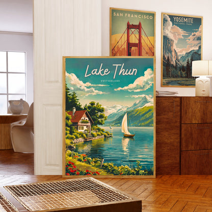 Lake Thun Vintage Travel Poster - Timeless Swiss Alpine Serenity