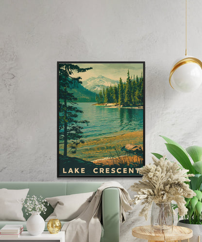 Lake Crescent Vintage Travel Poster - Deep Blue Serenity