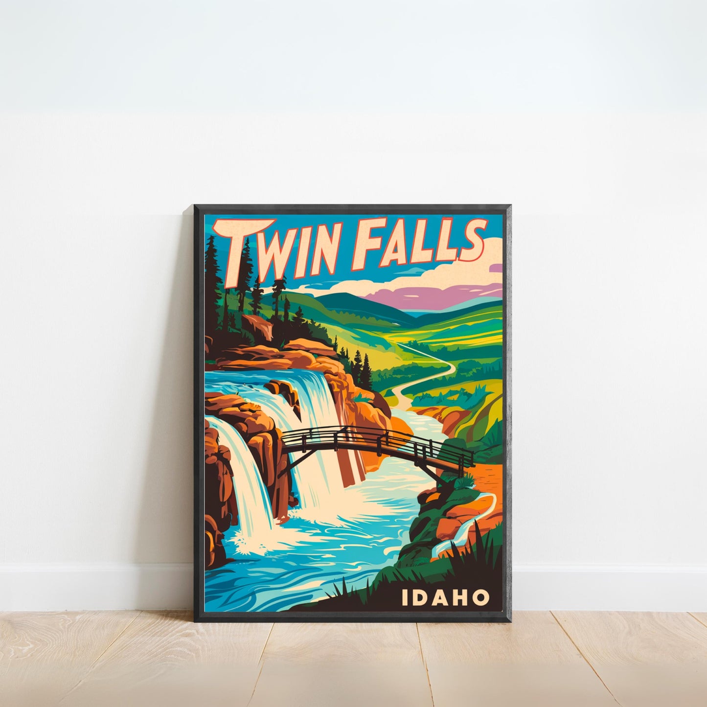 Twin Falls Vintage Travel Poster - Waterfall Beauty