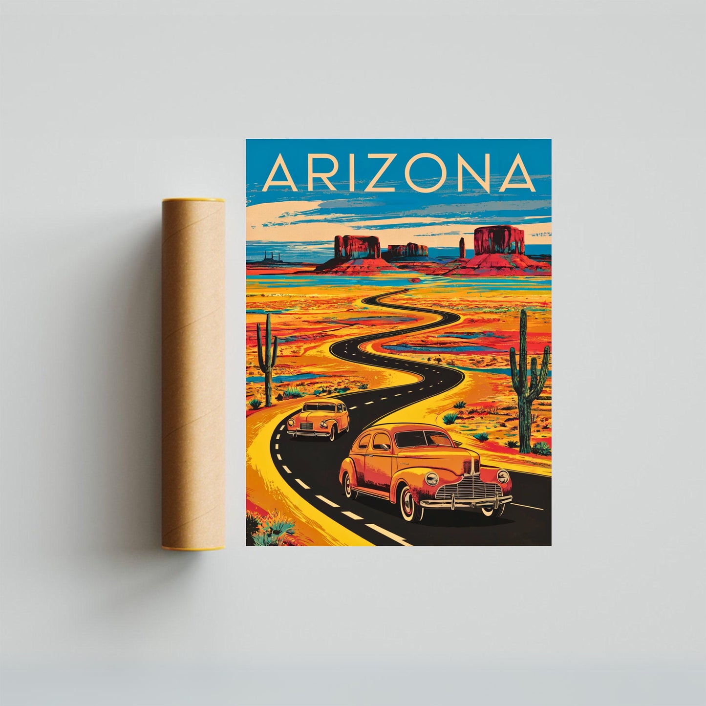 Arizona Vintage Travel Poster - Canyons and Cacti