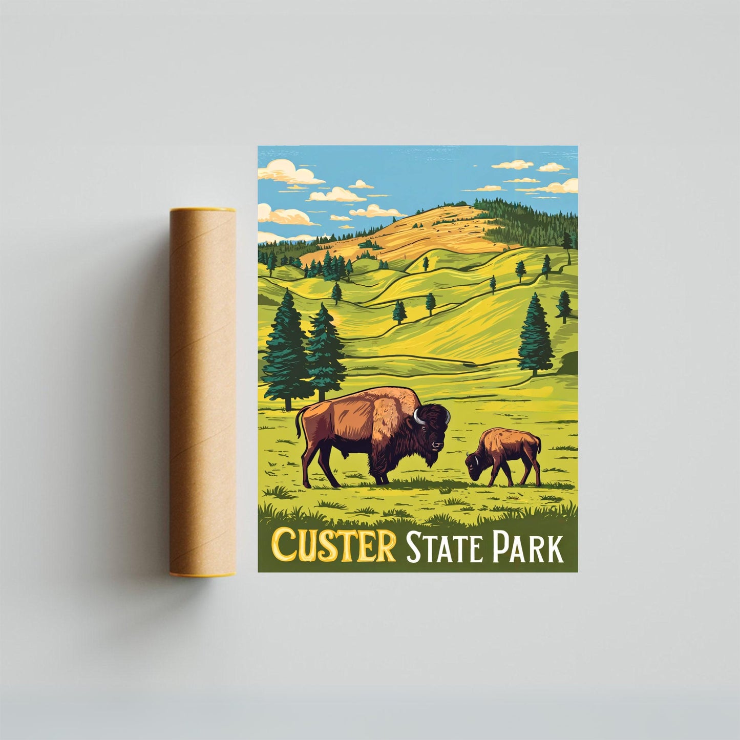 Custer State Park Vintage Travel Poster - Timeless Beauty of the Black Hills and Bison