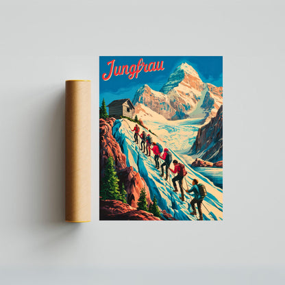 Jungfrau Vintage Travel Poster - Swiss Alps Adventure Climbing